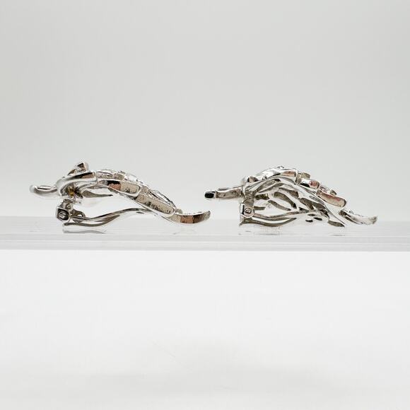 Vintage Bellini Earrings Signed Crystal Rhinestone Leaf Spray Silver Tone - Picture 11 of 12